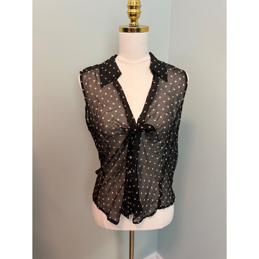 E by ECI Black Polka Dot Sheer Sleeveless Tie Front Button Down Blouse Size 12